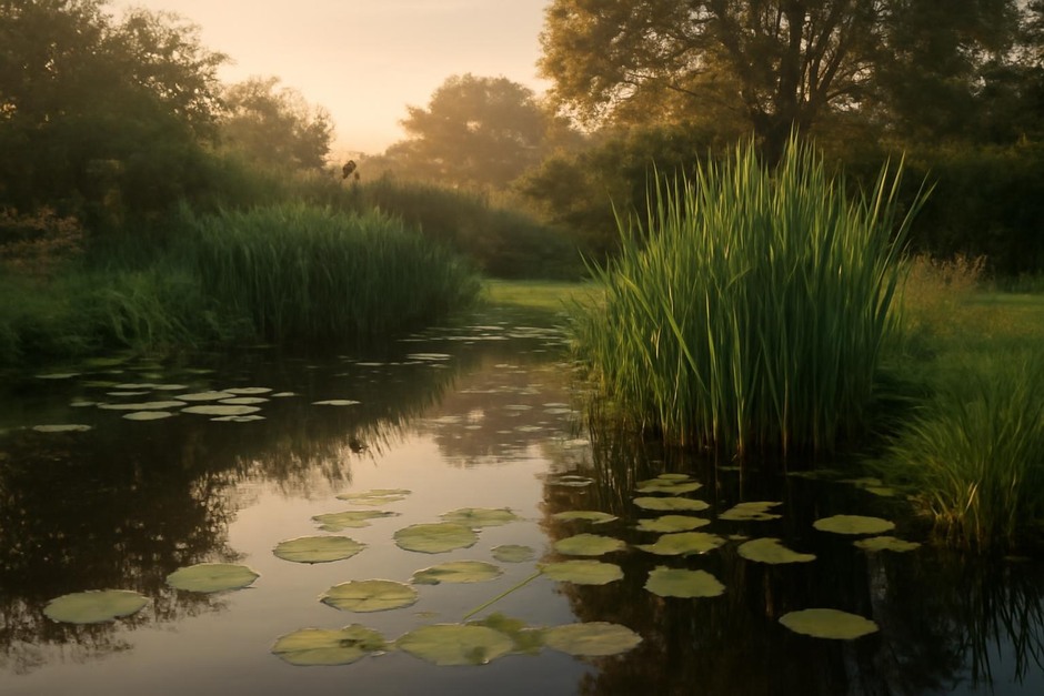 Small backyard pond with lily pads and reeds at dawn