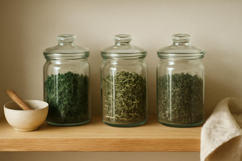 Jars of dried herbs on a kitchen shelf